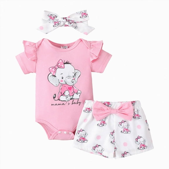 Xudanell Newborn Baby Girl Clothes Birthday Girls Outfits with Elephant Print 3 Pieces Short Sleeve Romper Top Shorts Headband Set Pink 3-6 Months