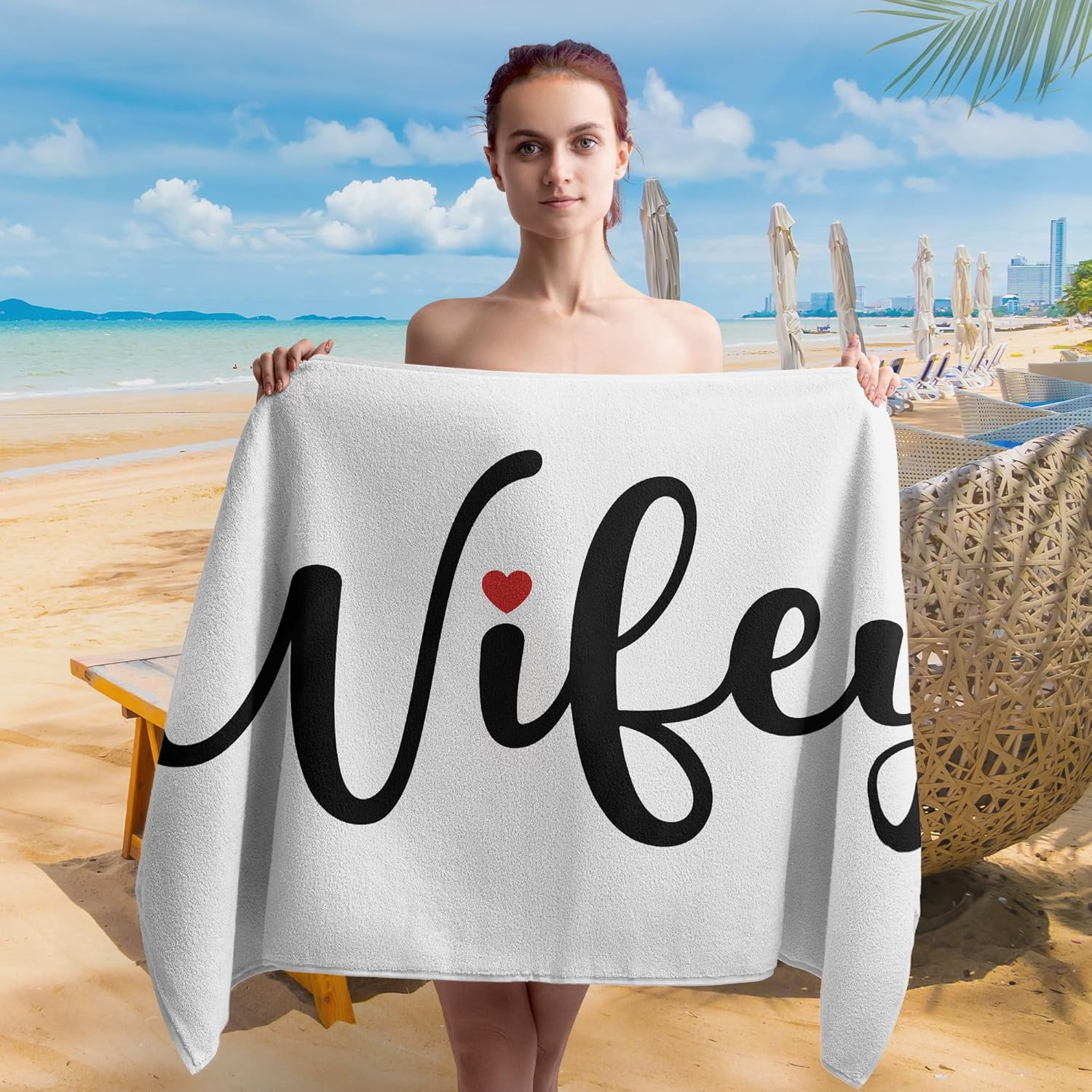 Couple Wifey Hubby Beach Towel Set of 2, Honeymoon Wedding Beach Towels Gifts for Bride Groom Valentines Him Her, Black and White Beach Towels Oversized Decor for Bathroom 30x60in