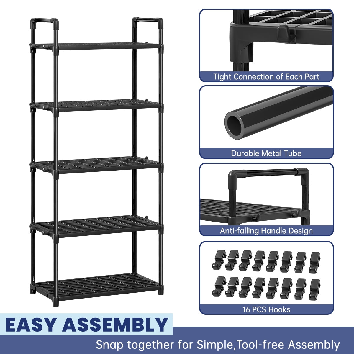 GPED 5-Tier Plastic Storage Shelves, 57" Garage Rack Storage Organizer, Multipurpose Shelf for Home, Basement, Utility Room, 10.6"D x 20"W x 57"H, Black