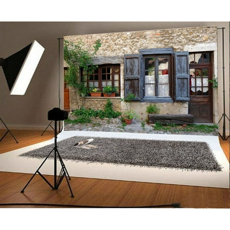 Image of GreenDecor Vintage Window Backdrop 7x5ft Wooden Door Stone Wall Pot Flowers Plants Photography Background Photos Video Studio Props