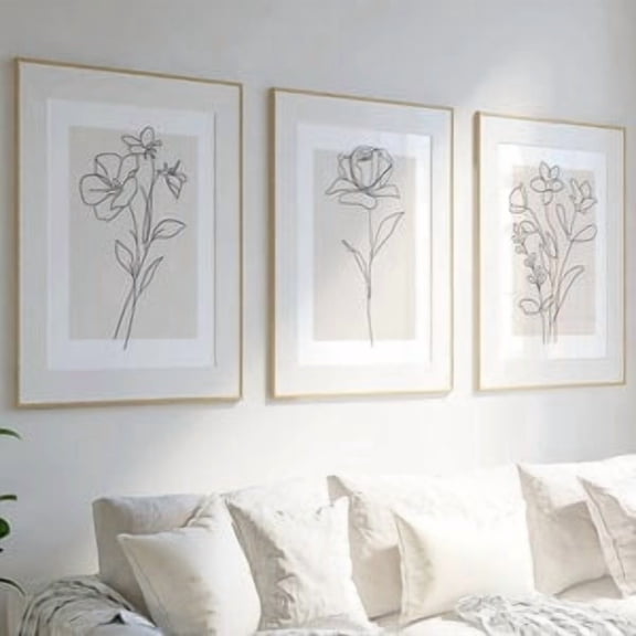 Neutral Wall Art Set of 3 Botanical Prints Plants Floral Line Art Beige Decor for Home Neutral Wall Decor with Flower Art in Beige Tones, Poster Only