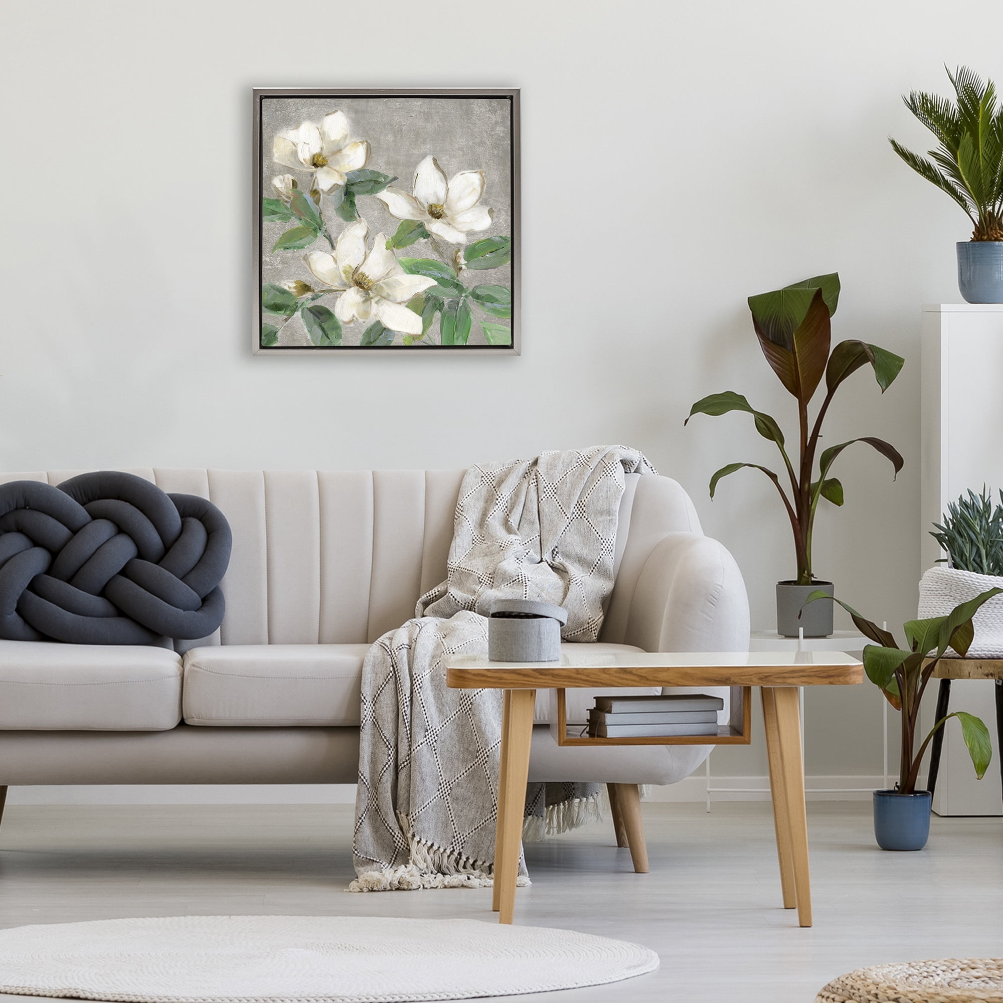 Stupell Industries Ivory Magnolias on Grey Gray Framed Floater Canvas Wall Art, design by Sally Swatland