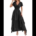 thumbnail image 2 of Vestidos Midi Holgados de Verano para Mujer, Informales, con Escote en V, Volantes, Corta, Dobladillo Irregular, Cintura Alta Negro L, 2 of 7