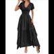 thumbnail image 2 of Vestidos Midi Holgados de Verano para Mujer, Informales, con Escote en V, Volantes, Corta, Dobladillo Irregular, Cintura Alta Negro XL, 2 of 7