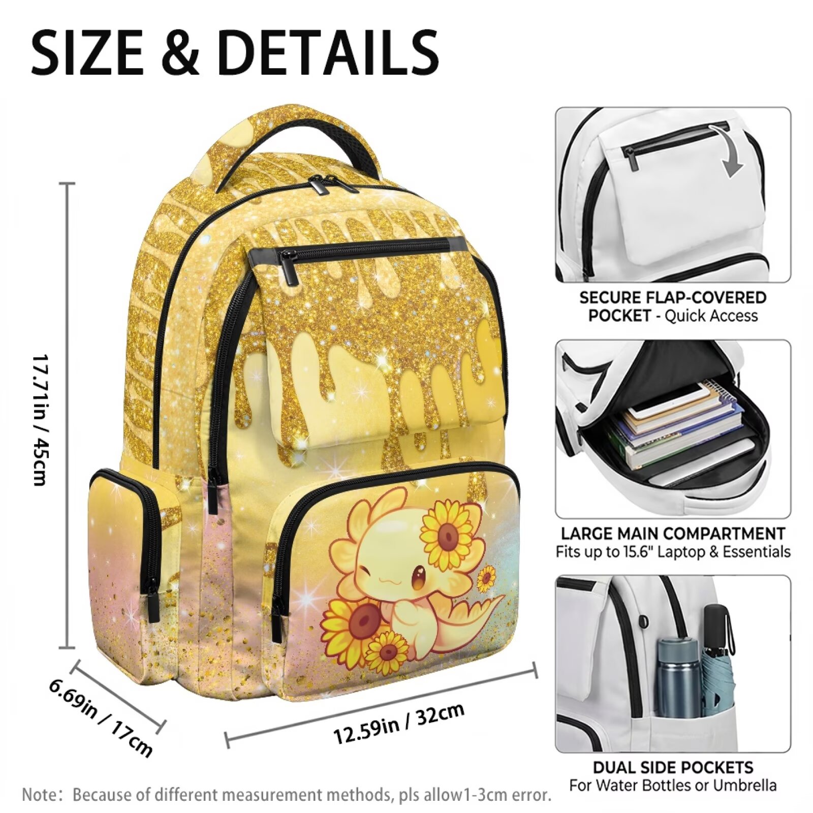 Mochila escolar para niños y niñas con estampado de ajolote y girasol, 17 pulgadas, resistente al agua, múltiples bolsillos, correas acolchadas ajustables, gran capacidad 7