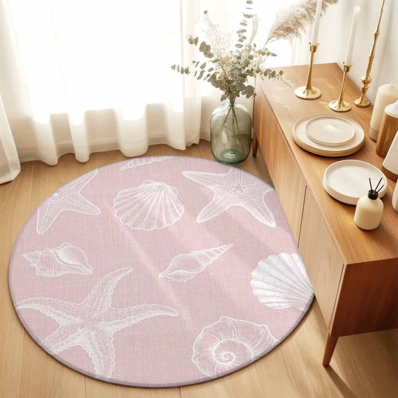 Round Rugs 5Ft, Marine Life Round Area Rug Washable Indoor Throw Carpet, Summer Ocean Starfish Conch Seashell Pink Soft Non Slip Circle Rug for Cabinet Bathroom Home Decor Aesthetic