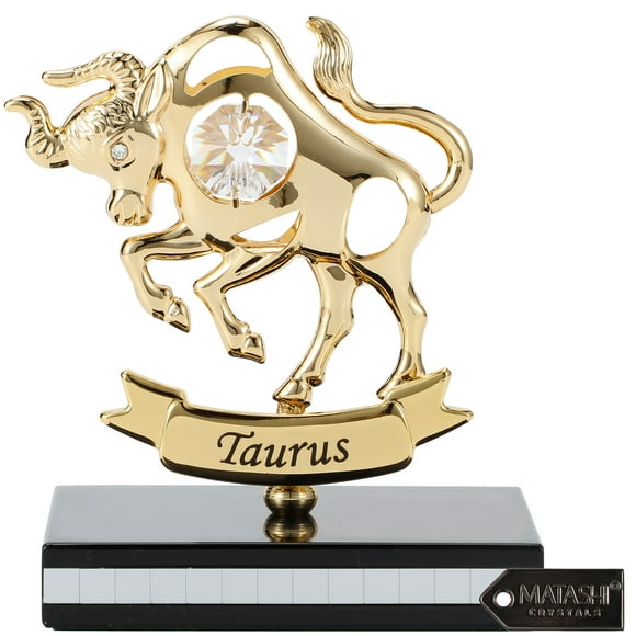 24K Gold Plated Zodiac Astrological Sign Taurus Figurine Statuette on Stand Studded with Matashi Crystals Perfect Birthday Gift for Mom, Girlfriend, Boyfriend, Daughter, Son, Friend