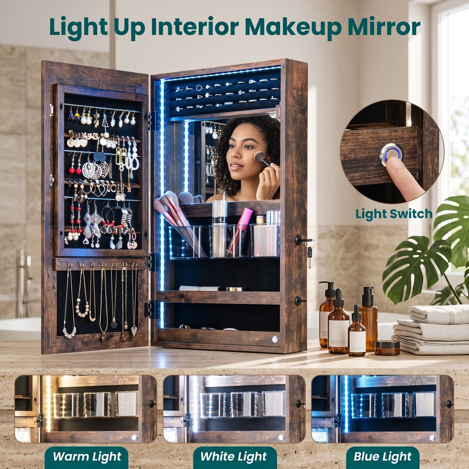 Furnibear 42.5 Inch Lockable Wall and Door Mounted Jewelry Cabinet with Full-Length Mirror and 3-Color LED Lights, Rustic Brown