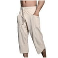 thumbnail image 4 of Diufon Cropped Pants for Men Elastic Waist Drawstring Pants Cotton Linen Lounge Pants with Pockets, 4 of 4