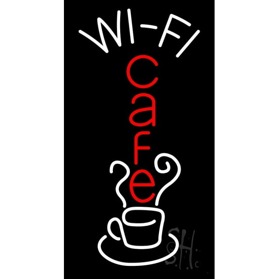 Green Wifi Red Cafe LED Neon Sign 24 x 13 - inches, Clear Edge Cut Acrylic Backing, with Dimmer - Bright and Premium built indoor LED Neon Sign for Computer & Electronics store decor.