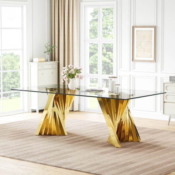 94" Oversized Glass Dining Table, 12mm Thick Rectangular Tempered Glass Top, Gold Irregular Fan-Shaped Stainless Steel Base, for Dining Room, Living Room, Conference Room