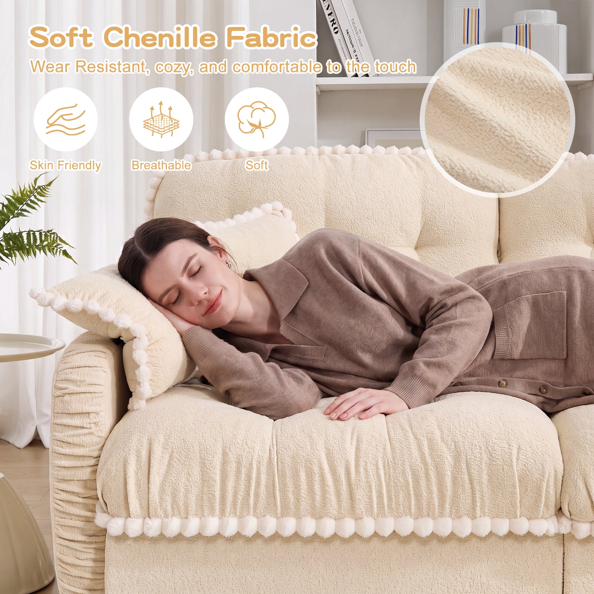 Anpport 100" Chenille Cloud 3‑Seater Sofa with 4 Pillows, Pom‑Pom Trim, Quilted Tufted Ergonomic, Easy Assembly Deep Seat for Living Room Apartment, Cream