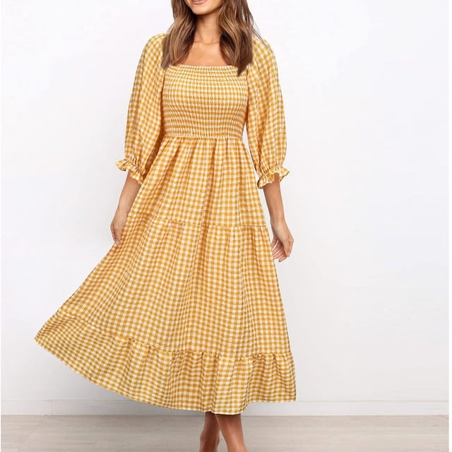 Drppepioner Robe Midi Longue d'Été Décontractée pour Femmes, Bohème, à Manches Bouffantes, Épaules, à Carreaux, à Volants
