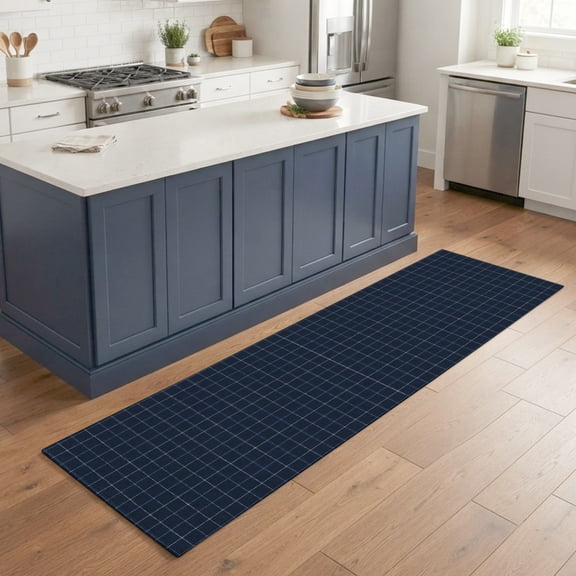 Hallway Runner Rug 2'x6', Navy Blue Plaid Grid Kitchen Runner Rugs Non-Slip Carpet Mats, Modern Abstract Blue Checkered Bedside Rugs Runners Washable Floor Carpet for Bathroom Laundry Room