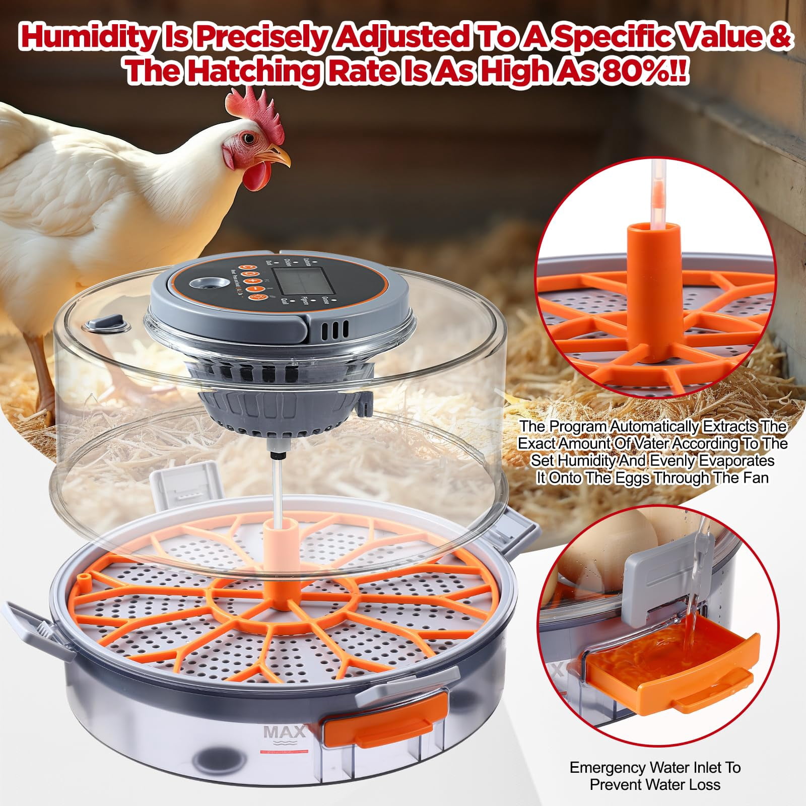 OneAmg 12-40 Egg Incubator - Auto 720 Egg Turning, Digital Display, Auto Temp & Humidity Control,  Egg Candler Incubators for Chickens, Ducks, Quails