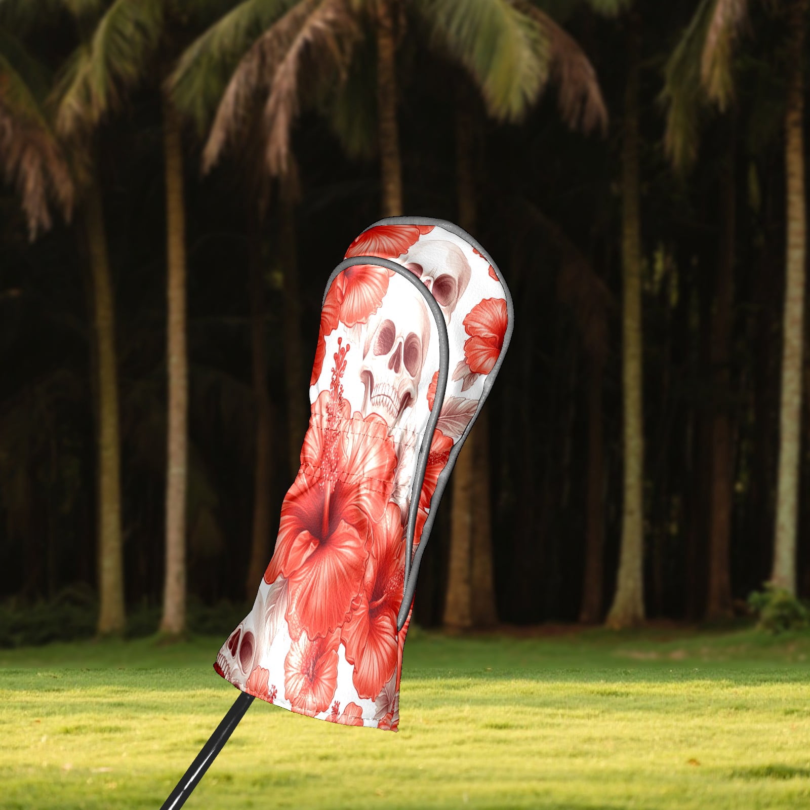 Golf Club Covers PU Leather Waterproof Head Covers for Fairway Woods Hybrids Hibiscus Flower Skull