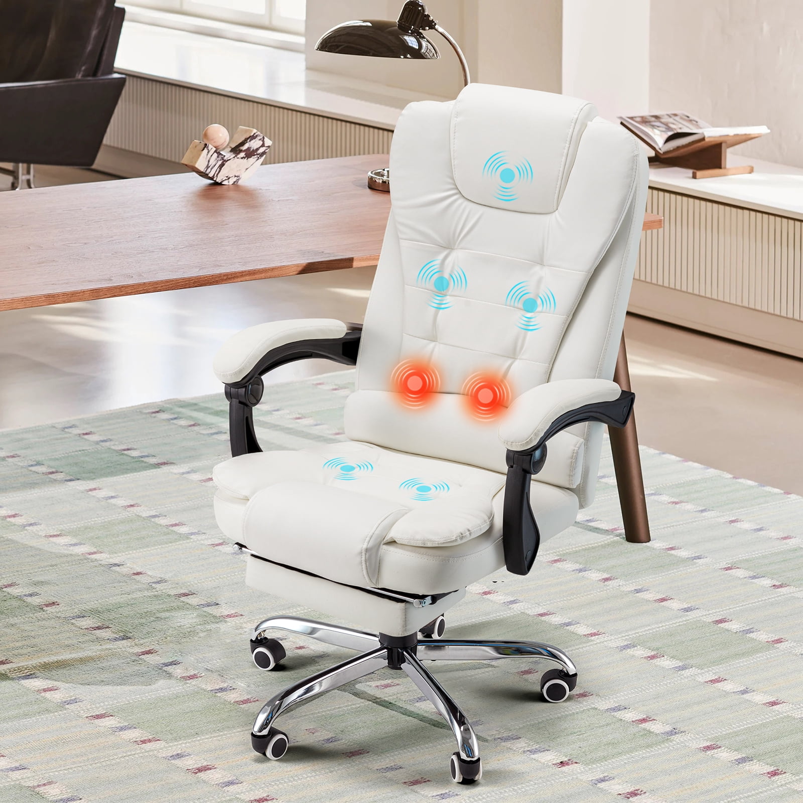 YODOLLA High Back Office Chair Heat & Massage Ergonomic Reclining Desk Chair with Retractable Footrest Executive Swivel Leather Chair for Office,Home,Study,Cream White