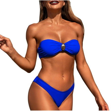 Ashirexll Swim Suits for Women 2025 Solid Color Strapless Bandeau Bikini Set Two Piece Swimsuit Top with Bikini Bottoms for Women Blue A M