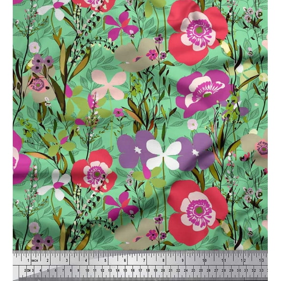 Soimoi Green Silk Fabric Leaves & Floral Artistic Print Fabric by Yard 42 Inch Wide