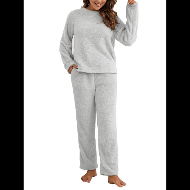Pijama de 2 Piezas para Mujer, Conjunto de Ropa de Estar por Casa, Suéter de Punto, Cuello Redondo, Larga, Conjuntos Peludos Gris M