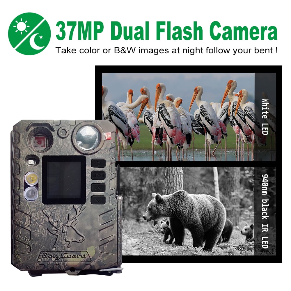 BOLY Hunting Game Camera, 37MP 4K 940nm No Glow & White LED Night Vision Trail Camera, Included 18650 Battery and TF Card, IP66 Waterproof Wildlife Scouting Camera
