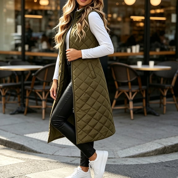 Sevevn Womens Long Puffer Vest Fall Zip up Quilted Down Jacket Winter Warm Sleeveless Coat with Pockets Green XXL