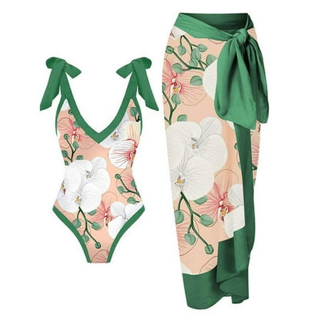 Women s One Piece Swimsuit with Beach Cover up Wrap Skirt Floral Printed Bikini Set Two Piece Bathing Suits (M  Green)