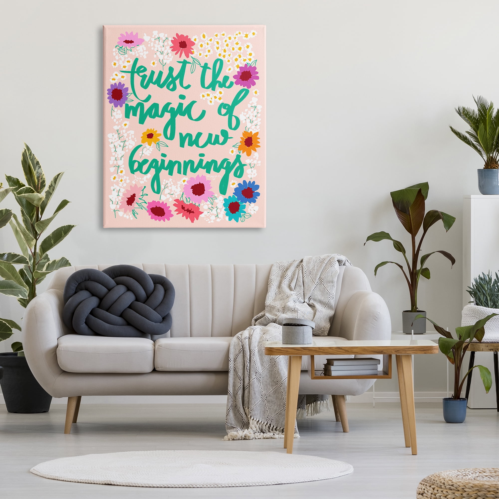 Stupell Industries New Beginnings Phrase Botanical & Floral Painting Gallery Wrapped Canvas Art Print Wall Art, 36 x 48
