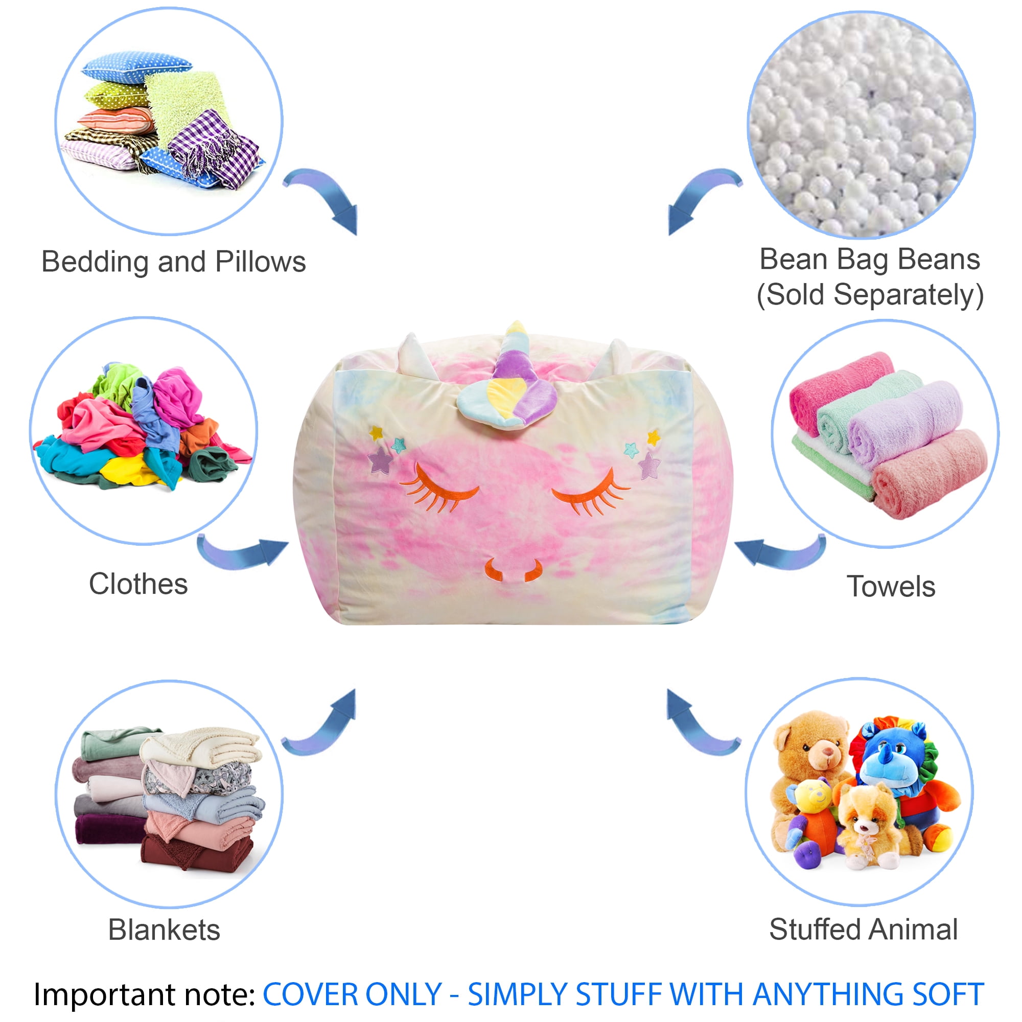 Posh Creations Animal Bean Bag Stuffable Cover, Soft Cover, Kids, 2 ft, Tie Dye Unicorn