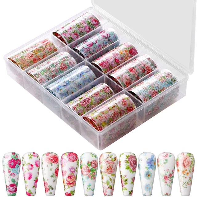 10 rollos de pegatinas de uñas con estampado de flores, pegatinas de transferencia de papel de aluminio para decoración de uñas, pegatinas de envoltura completa para decoración de uñas, decoración de