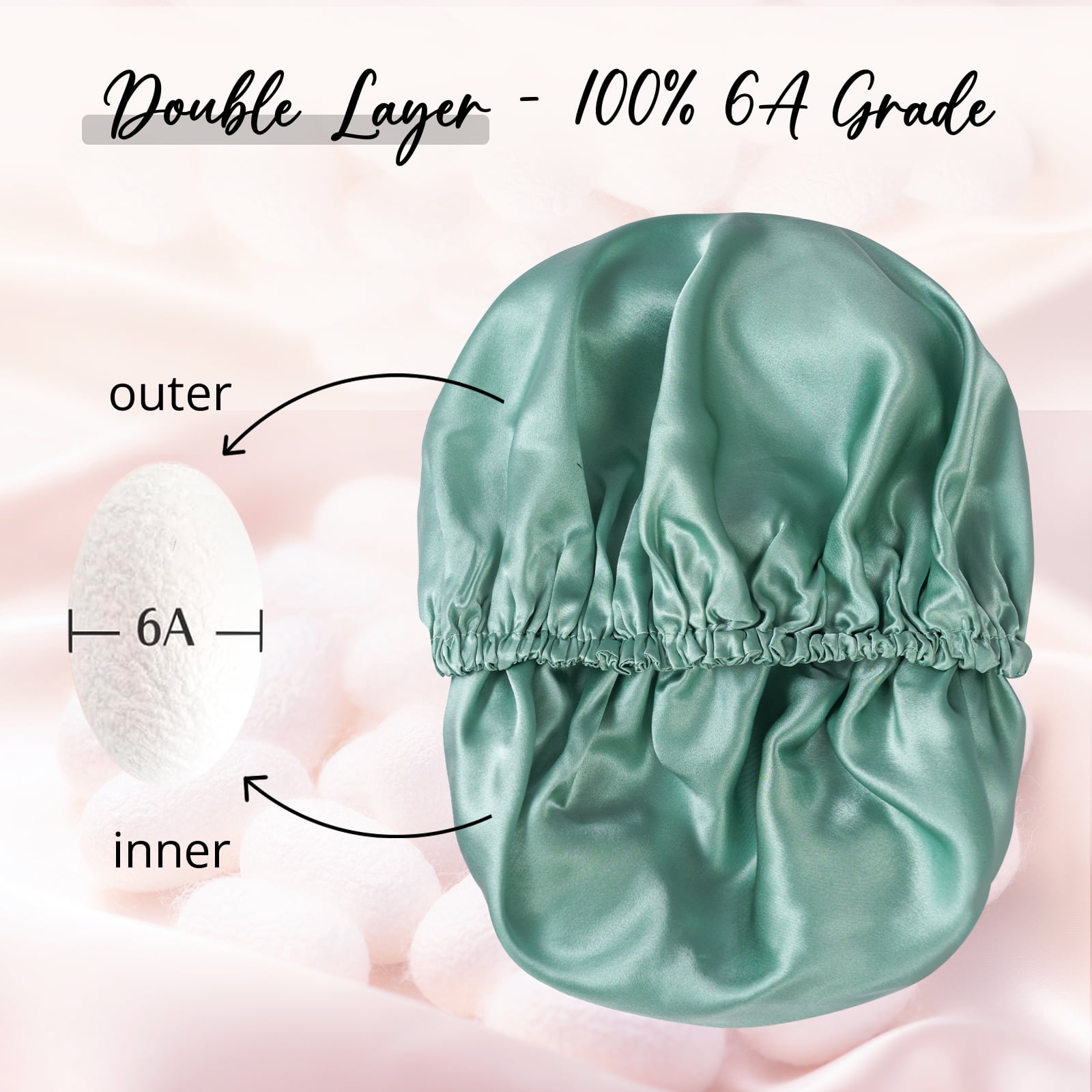 WIGI 100% Mulberry Silk Bonnet with Scrunchie Gift for Women, Silk Bonnet for Sleeping, Shower Cap Hair Bonnet, Silk Hair Wrap for Hair Care (100% Mulberry Silk (Round design), Green)