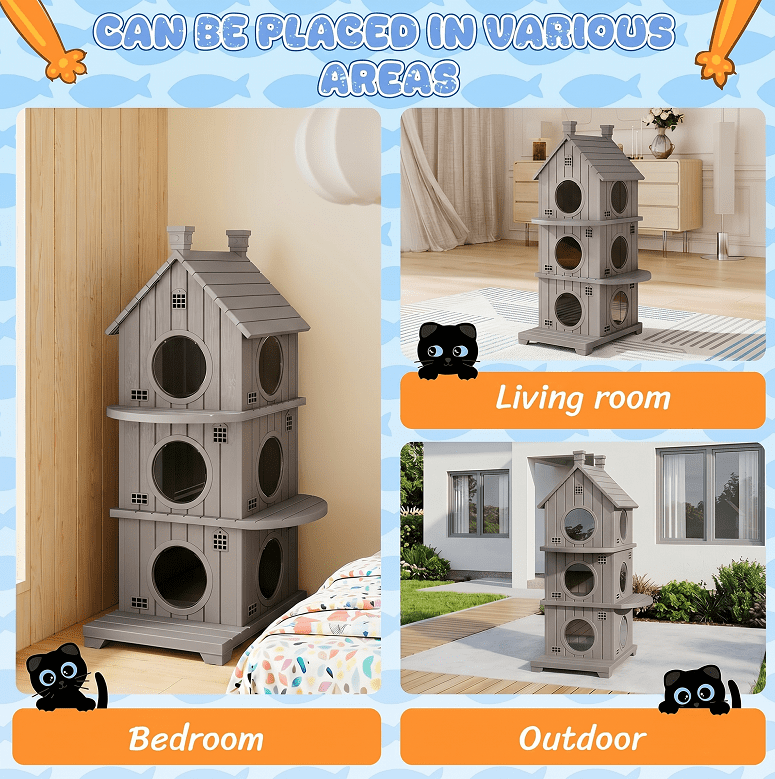 Fazzn Outdoor Cat House with Porch: Weatherproof Insulated Shelter for Cats, Kittens, and Puppies, Including Feral Cats. Features Multiple Entrances, an Elevated Base, and Easy Assembly.Blue/Brown