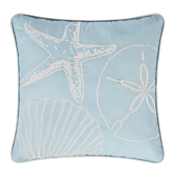 Beach Shells Starfish Sand Dollar Embroidered Accent Pillow, 13.5" x 13.5"
