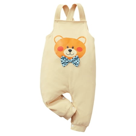 

KIMI BEAR Infant Baby Boys Rompers 12 Months Newborn Boy Summer Bodysuits 18 Months Infant Boy Casual Cartoon Bear Print Suspender Jumpsuits Apricot