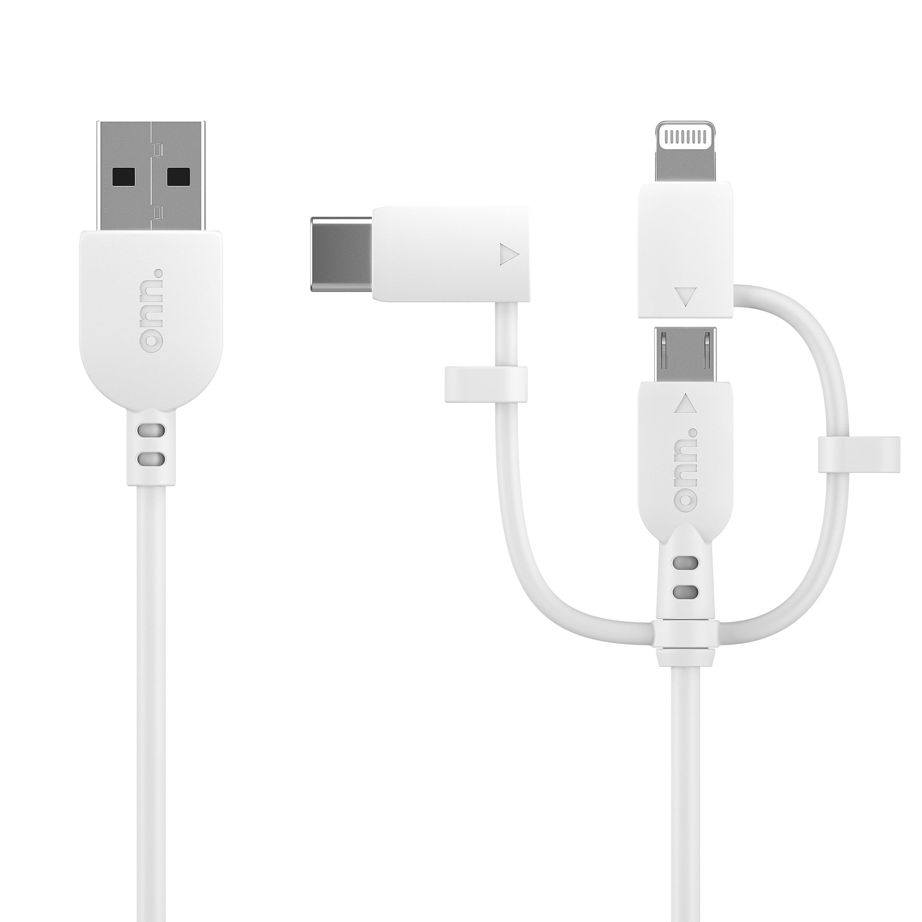 onn. 3' Tri-Tip to USB Cable, Lightning/Type C/Micro USB Cable for IPhone, IPad, LG, Samsung Galaxy, Android Smartphones(3ft, White)