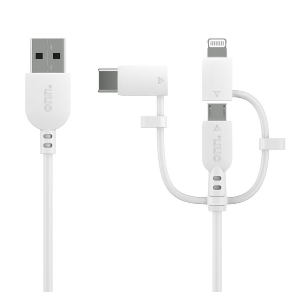 onn 3ft 3-in-1 Charging Cable, USB-A to micro-USB/Lightning/USB-C, White - Compatible with iPhone, Samsung Galaxy, Note, Pixel Devices, iPad, Airpods and more
