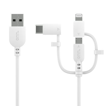 onn. 3' Tri-Tip to USB Cable, Lightning/Type C/Micro USB Cable for IPhone, IPad, LG, Samsung Galaxy, Android s(3ft, White)