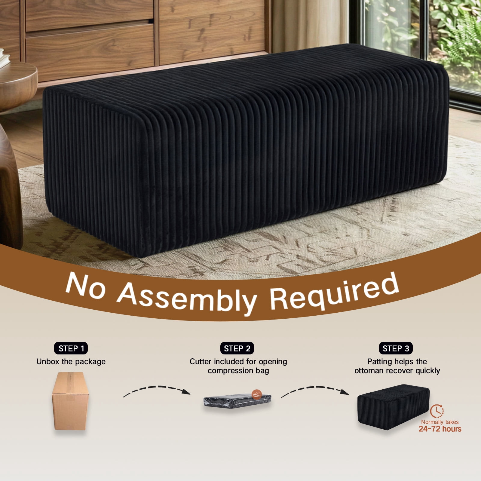 50.5" Oversized Rectangle Cloud Ottoman, Black Corduroy Upholstered Coffee Table & Extra Seating, Large Compressed Foam Floor Bench, No Assembly Required
