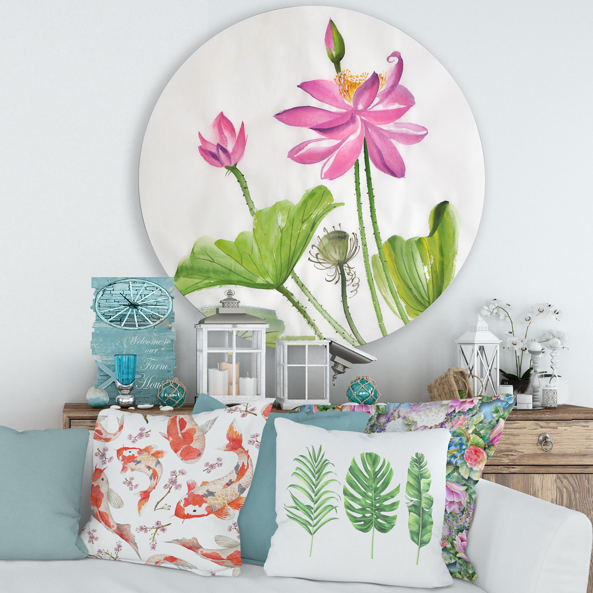 Designart 'Two Pink Lotus Flowers With Green Leaves' Traditional Circle Metal Wall Art 36x36 - Disc of 36