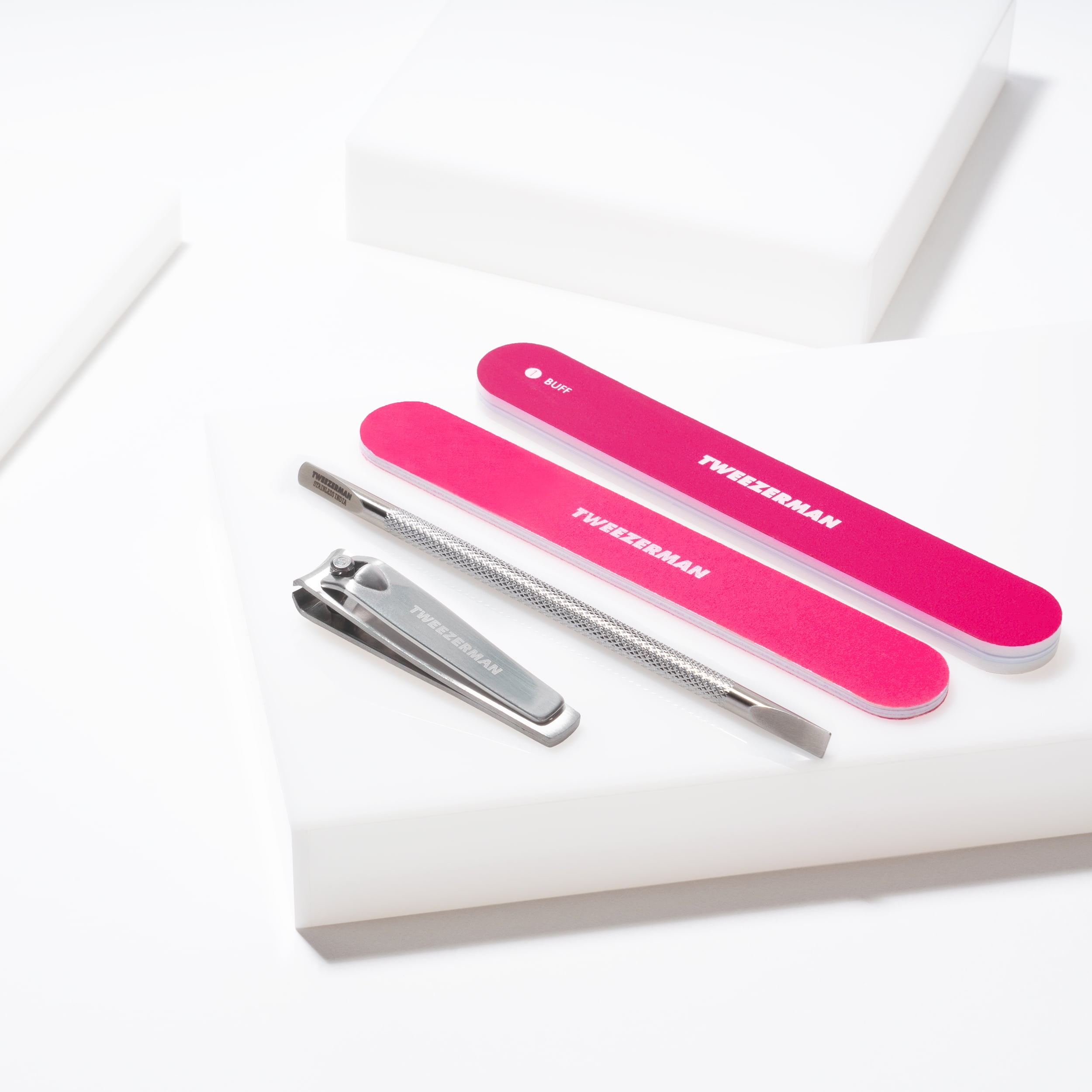 Tweezerman Ultimate Neon Pink Manicure Set Includes a Nail Pushy, Clipper, Buffer and File
