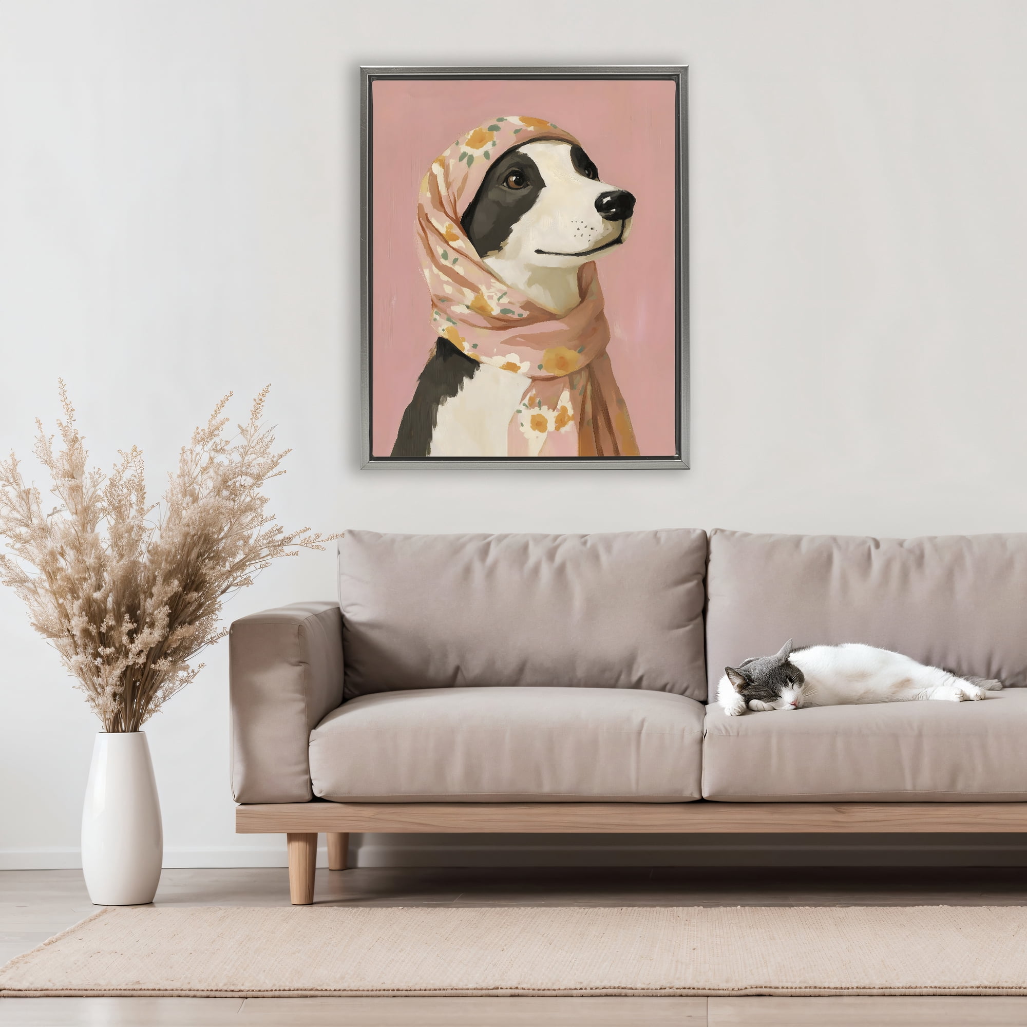 Stupell Industries Dog Babushka in Floral Scarf Gray Framed Floater Canvas Wall Art, design by The Prints Vibe