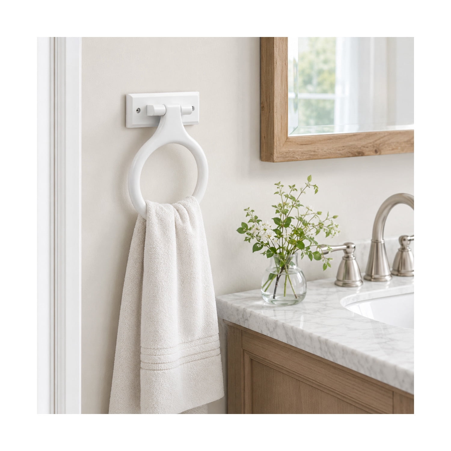 White Wood Dalton Towel Ring, Bathroom and Kitchen Wall Mount