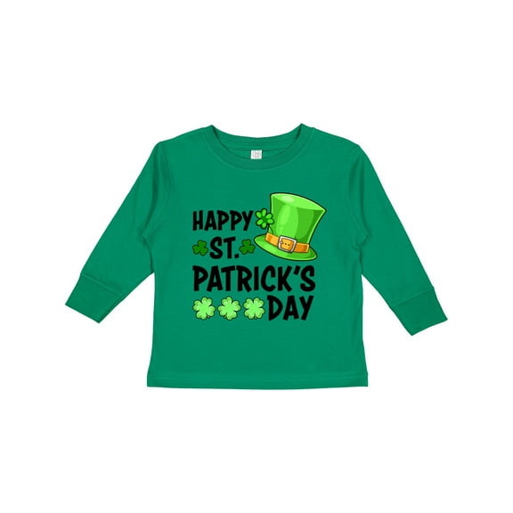 Inktastic Happy St. Patrick's Day Green Hat and Clovers Boys or Girls Long Sleeve Toddler T-Shirt