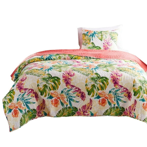Benjara Aulne 2 Piece Twin Quilt Set with Leaf Print, Multicolor