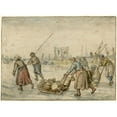 thumbnail image 2 of Hendrick Avercamp 18x14 Black Ornate Wood Framed Double Matted Museum Art Print Titled - Winter Landscape with Two Women and a Sledge and Other Figures on the Ice, a Gallows in the Dist, 2 of 5