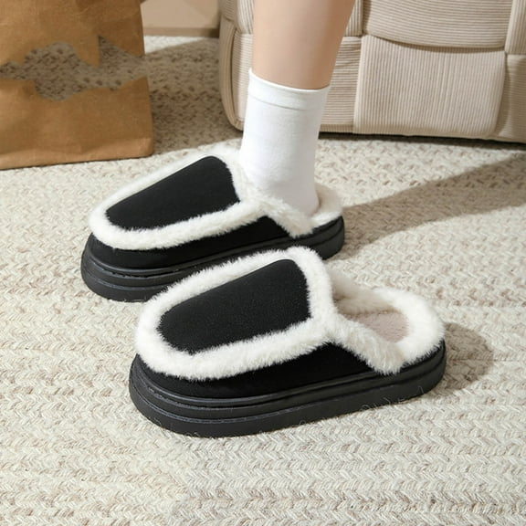 Viluyesy Womens Fuzzy Platform Slippers, Fleece Lining Memory Foam Cozy Warm Winter Slip On House Suede Shoes Black