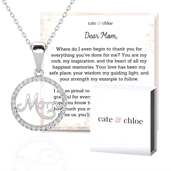 Cate & Chloe Brandy 18k White Gold Plated Circle Necklace with Heartfelt Message Card, Gift for Mom