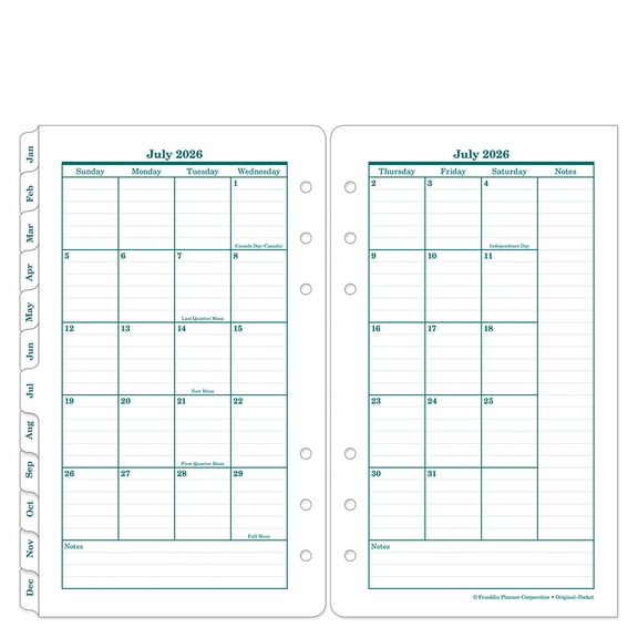 FranklinCovey Original Two-Page Monthly Calendar Tabs (Jul 2026 - Jun 2027, Pocket Size)