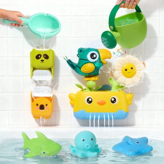 Mold Free Toddler Bath Toys Set, No Hole Sealed Floating Animals, Suction Bird Water Toy, Rotating Water Cups, Safe Easy Clean Bathtub Play Toys for Kids