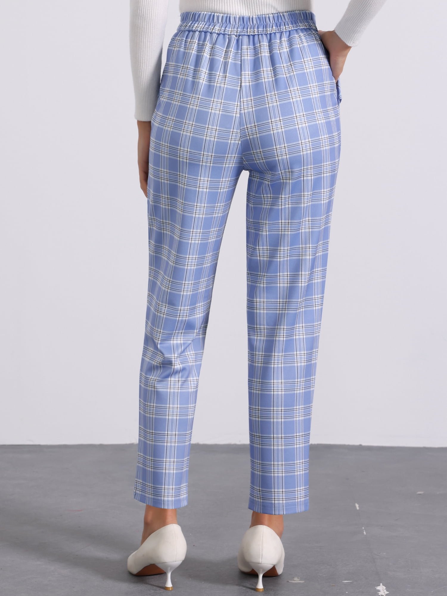 DARING DIVA Women's Tartan Plaid Pants Elastic Waist Straight Trousers XS Light Blue